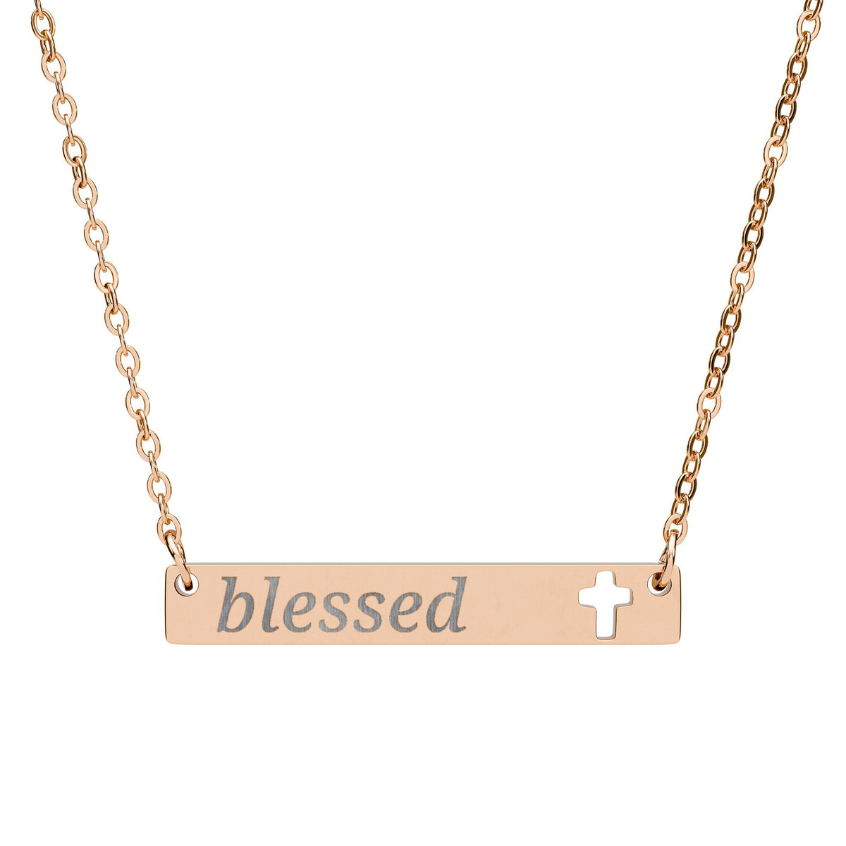 Blessed Cutout Cross Bar Necklace — Engraved Christian Pendant