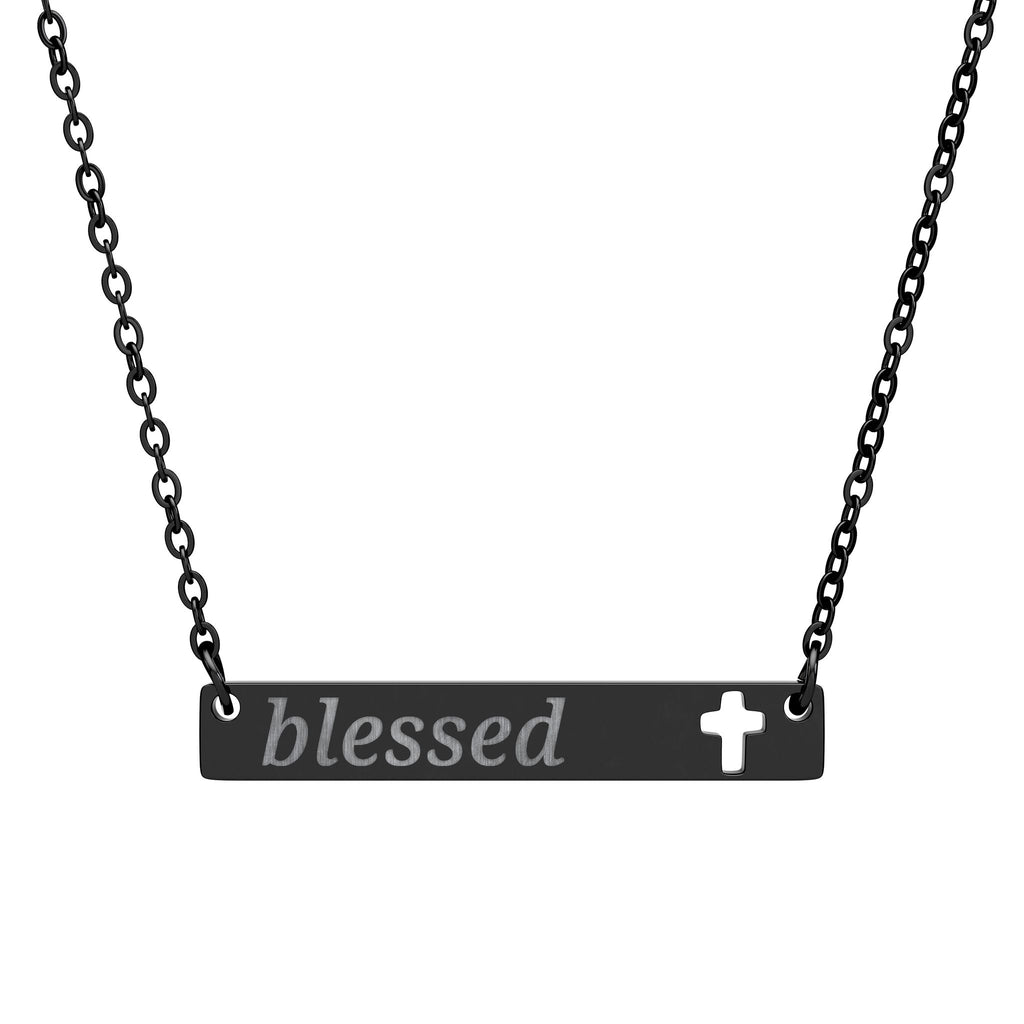 Blessed Cutout Cross Bar Necklace — Engraved Christian Pendant