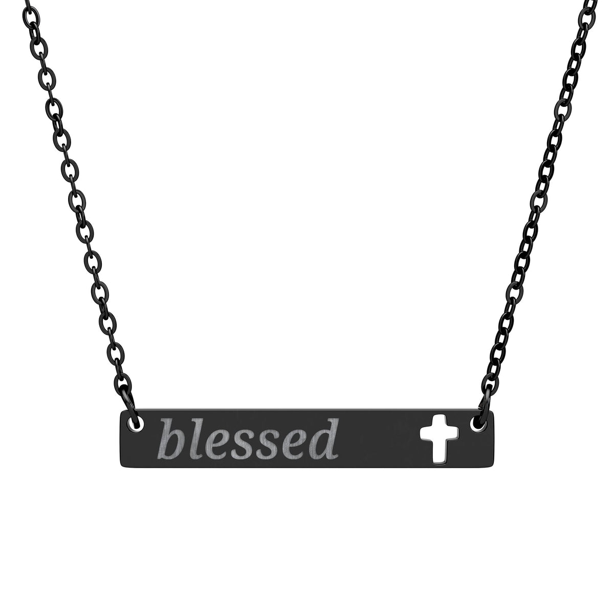 Blessed Cutout Cross Bar Necklace — Engraved Christian Pendant