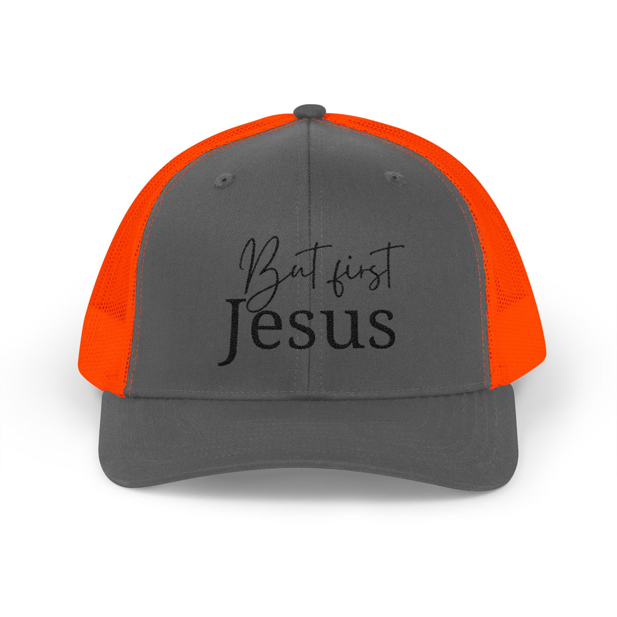 But First, Jesus Embroidered Trucker Hat — Dark Roast Collection