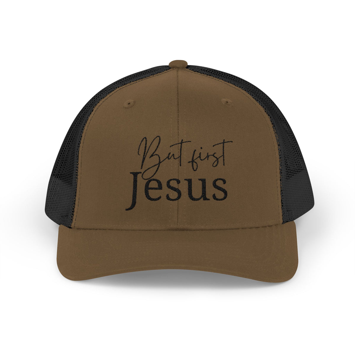 But First, Jesus Embroidered Trucker Hat — Dark Roast Collection
