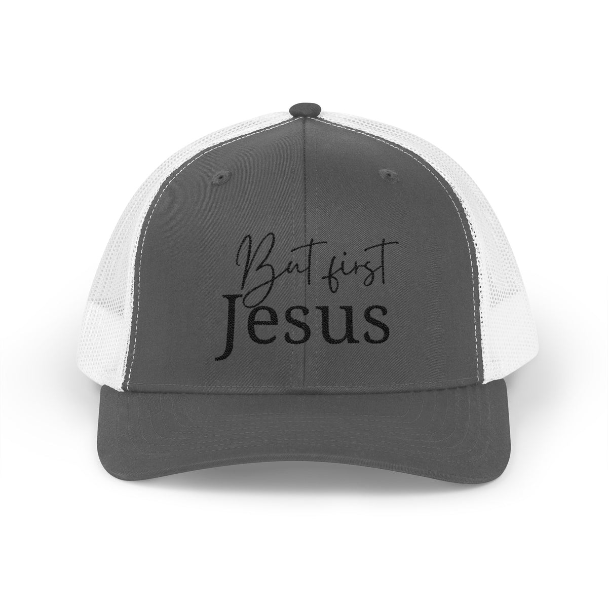 But First, Jesus Embroidered Trucker Hat — Dark Roast Collection