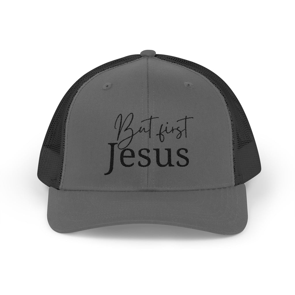 But First, Jesus Embroidered Trucker Hat — Dark Roast Collection