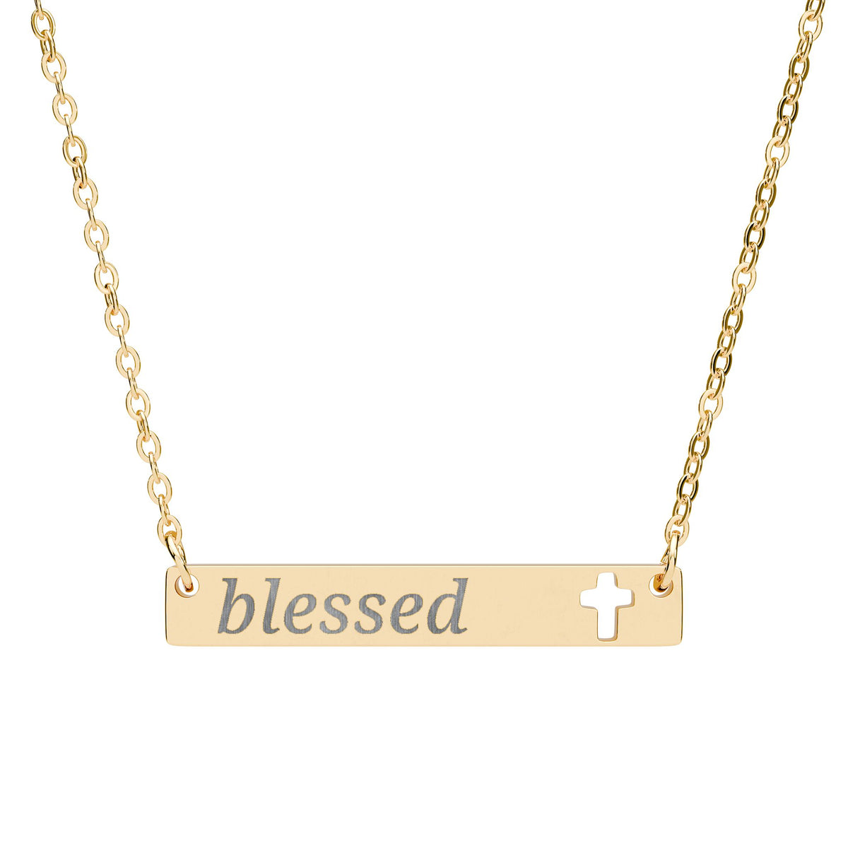Blessed Cutout Cross Bar Necklace — Engraved Christian Pendant