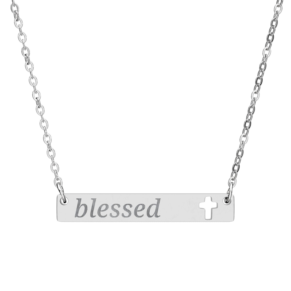 Blessed Cutout Cross Bar Necklace — Engraved Christian Pendant