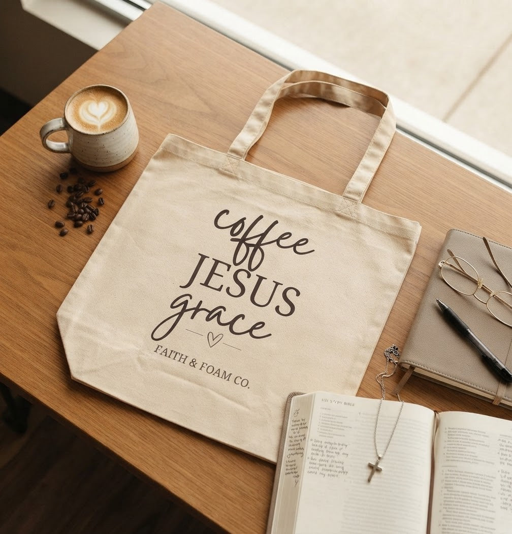 Coffee, Jesus, Grace Tote Bag — Faith & Foam Canvas Eco Tote