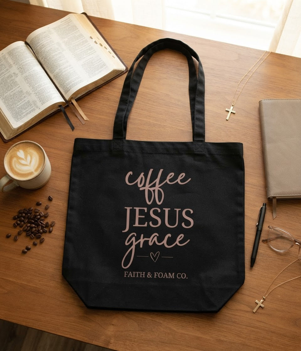 Coffee, Jesus, Grace Tote Bag — Faith & Foam Canvas Eco Tote