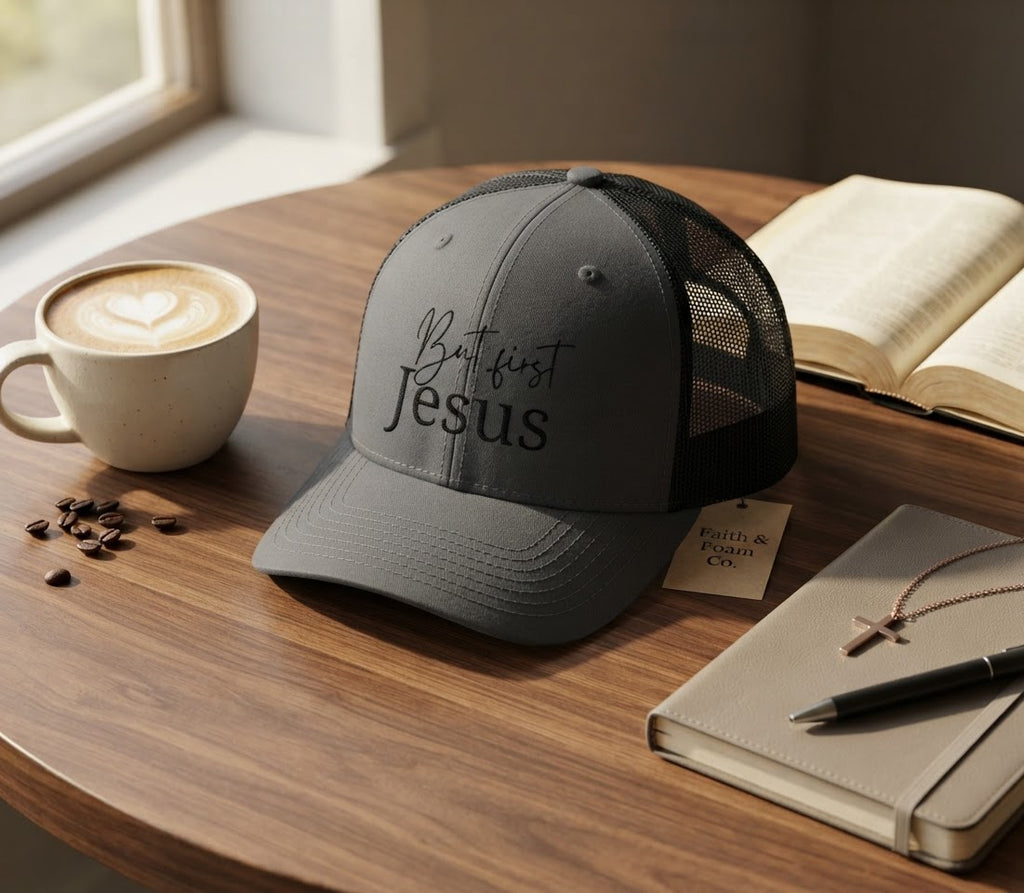 But First, Jesus Embroidered Trucker Hat — Dark Roast Collection