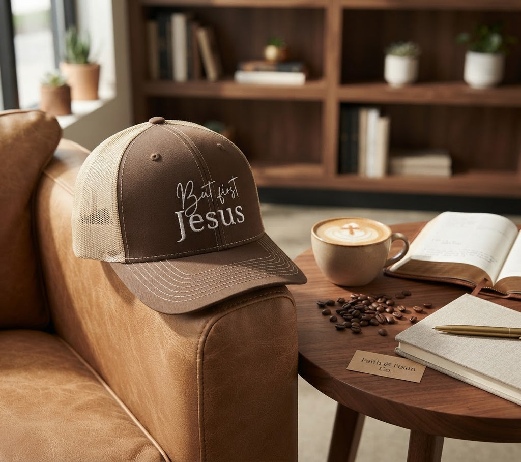But First, Jesus Trucker Cap—Harvest Hues Collection