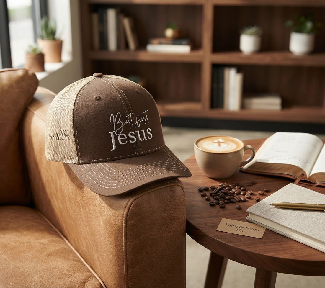 But First, Jesus Trucker Cap—Harvest Hues Collection