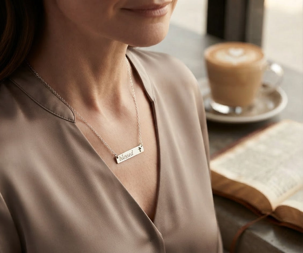 Blessed Cutout Cross Bar Necklace — Engraved Christian Pendant