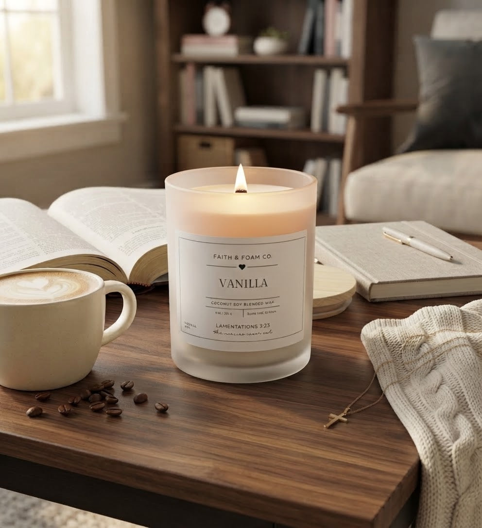 New Mercies Frosted Glass Candle — 11 oz Soy Scented Candle with Wooden Lid