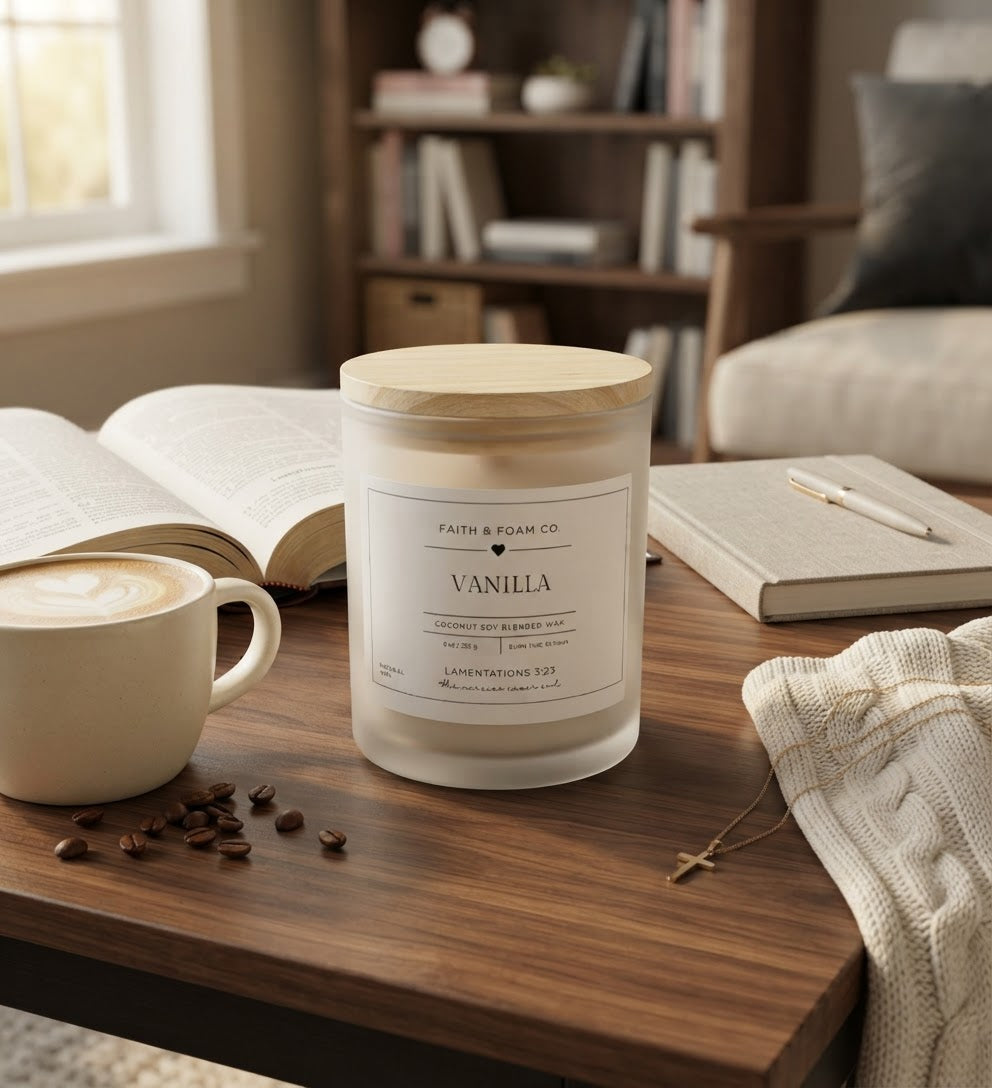 New Mercies Frosted Glass Candle — 11 oz Soy Scented Candle with Wooden Lid