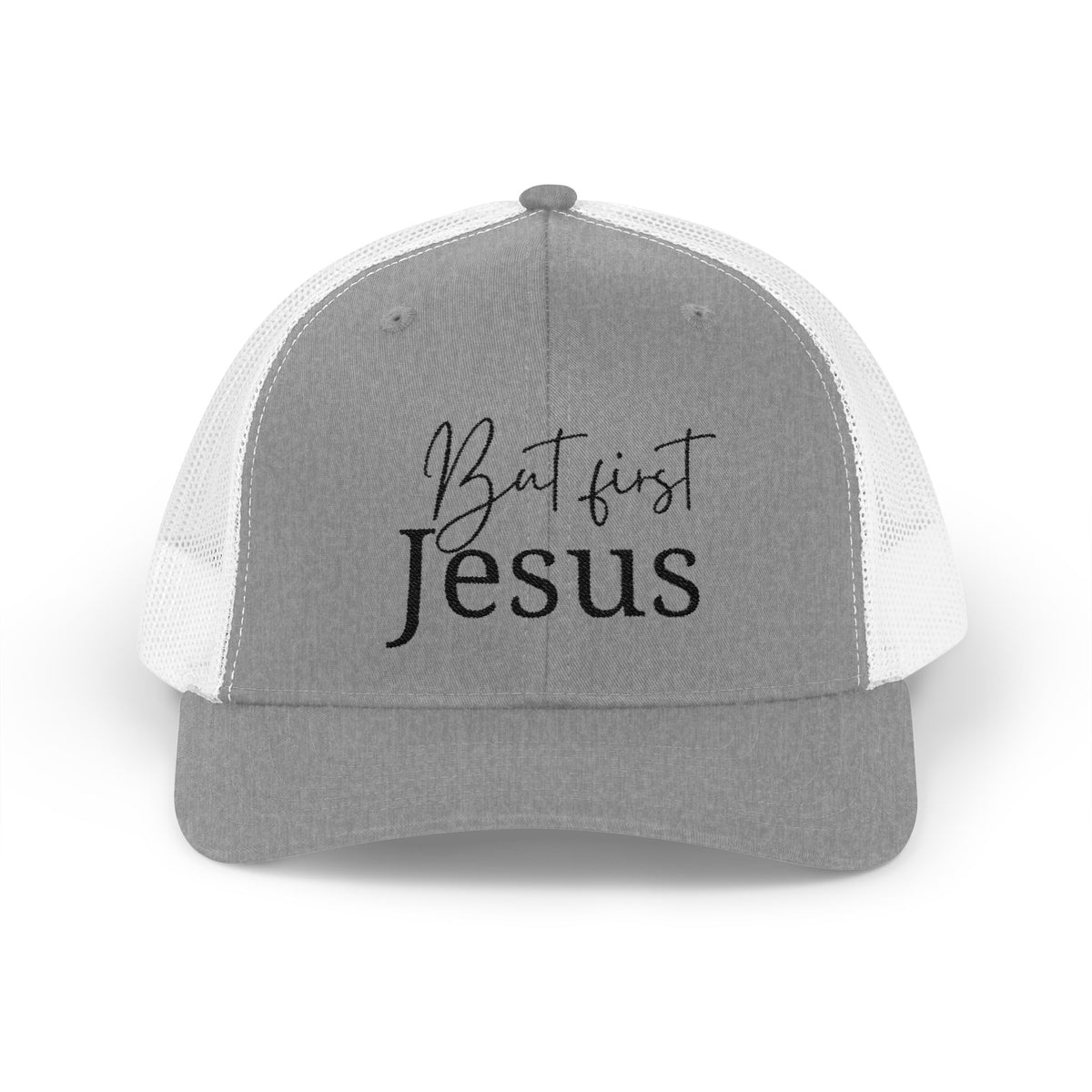 But First, Jesus Embroidered Trucker Hat — Dark Roast Collection