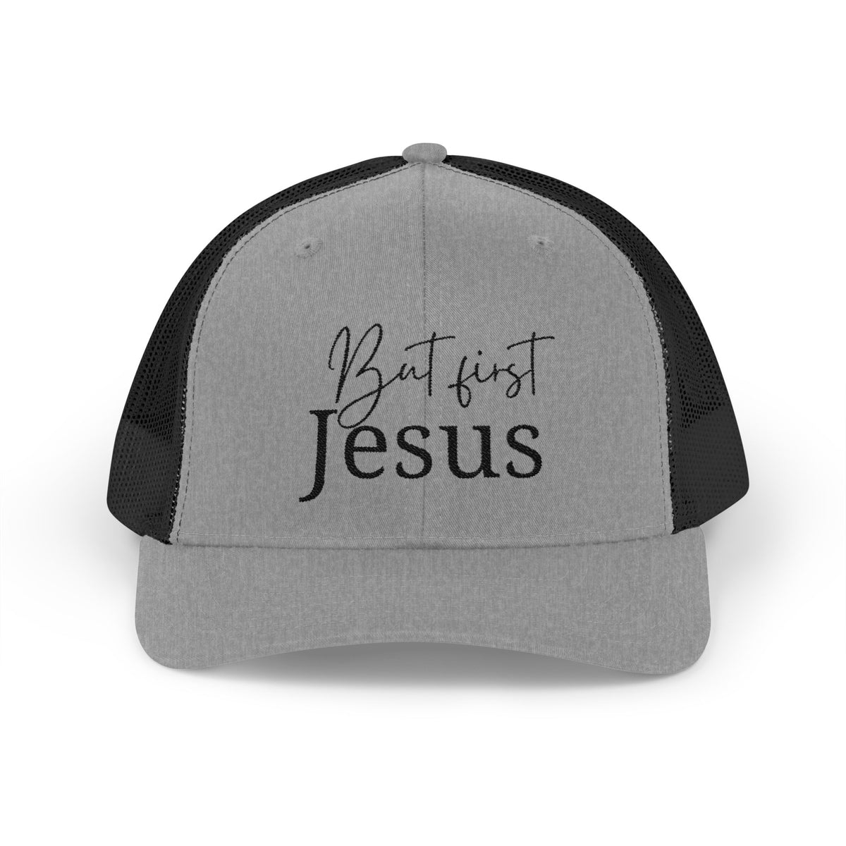 But First, Jesus Embroidered Trucker Hat — Dark Roast Collection