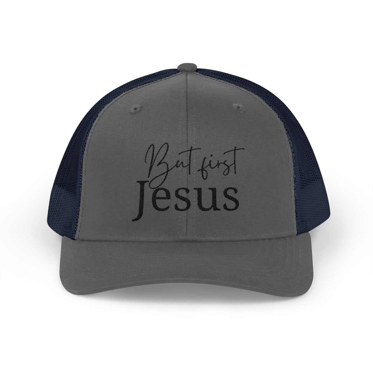 But First, Jesus Embroidered Trucker Hat — Dark Roast Collection